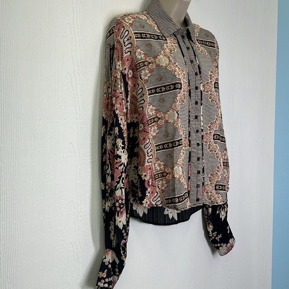 Free People - Virga Baby Black Combo Fun Print Button Down Blouse Size XS - Picture 4 of 12